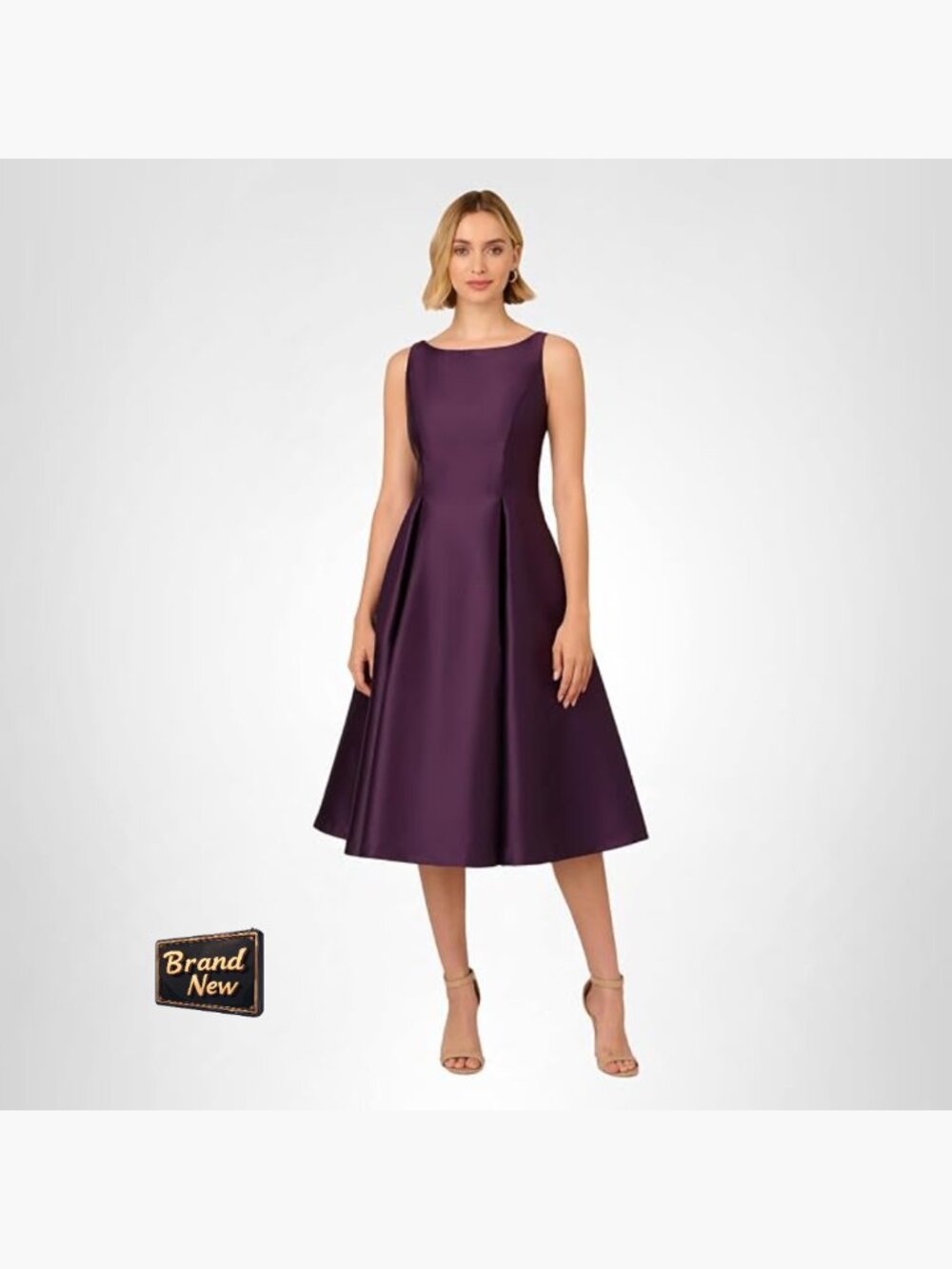 Sleeveless Tea Length Cocktail Dress Fit Flare Boat Neck Zipper Back V-Neck
